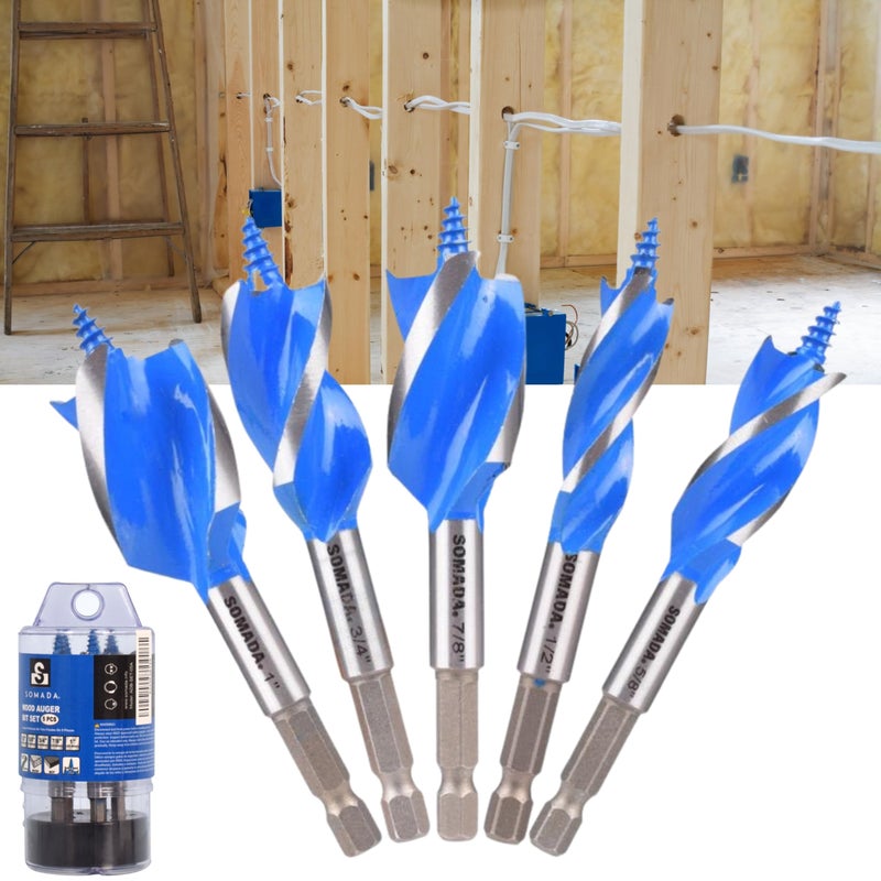 SOMADA Auger Drill Bit Set for Wood  5-Piece  1/2""  5/8""  3/4""  7/8"" and 1"" Inch Size  4-Inch Long with Storage Case  Impact Wood Auger Set with Quick Change - Image 1
